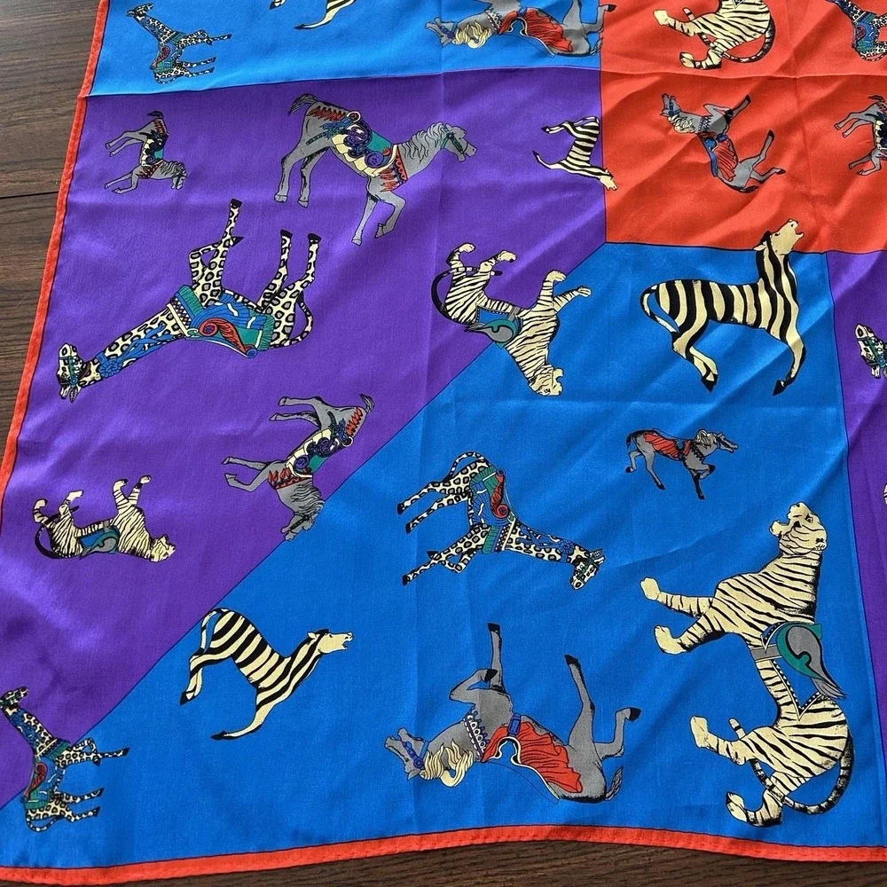 Vintage Elaine Gold Collection 100% Silk Circus Animal Print Scarf 34x34